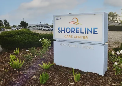 The front entrance sign to Shoreline Care Center